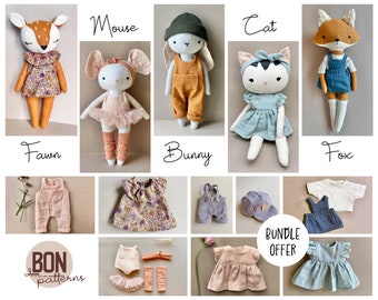 Bunny, Mouse, Fawn, Cat & Fox With Many Outfits - Instant Download Sewing Pattern, DIY soft toy doll in organic linen or cotton.