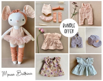 Mouse With Complete Wardrobe Bundle Offer - Instant Download Sewing Pattern, DIY soft toy doll in organic linen or cotton.