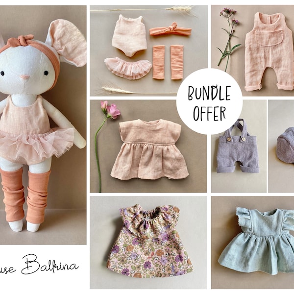 Mouse With Complete Wardrobe Bundle Offer - Instant Download Sewing Pattern, DIY soft toy doll in organic linen or cotton.