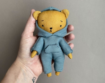 Tiny Teddy in jumpsuit - Instant Download Sewing Pattern, DIY soft toy doll in organic linen or cotton.