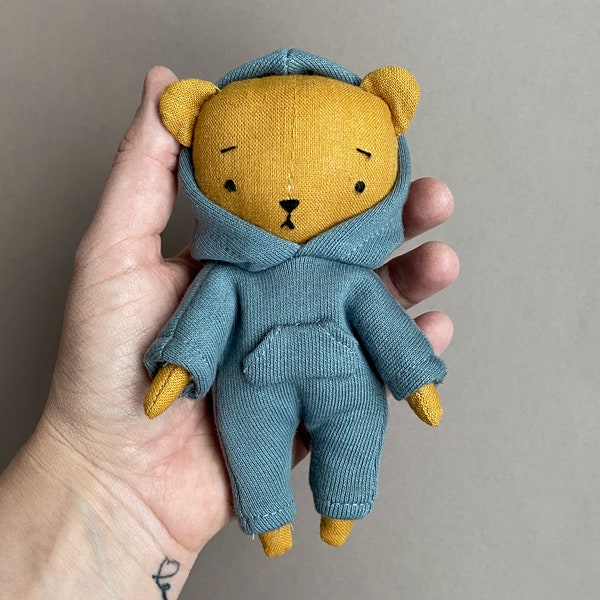 Tiny Teddy in jumpsuit - Instant Download Sewing Pattern, DIY soft toy doll in organic linen or cotton.