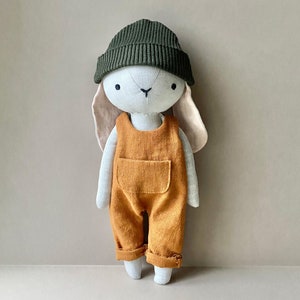 Bunny with Overalls & Beanie Instant Download Sewing Pattern, DIY soft toy doll in organic linen or cotton. image 1