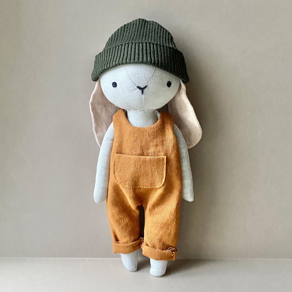 Bunny with Overalls & Beanie - Instant Download Sewing Pattern, DIY soft toy doll in organic linen or cotton.