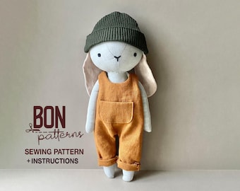 Bunny Rag Doll Sewing Pattern, Rabbit with Overalls and Beanie Soft Toy Sewing Kit
