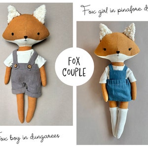 Fox doll with pinafore dress and dungarees and Instant Download Sewing Pattern, DIY rag dolls pdf sewing pattern