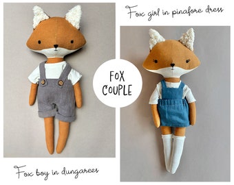 Fox doll with pinafore dress and dungarees and Instant Download Sewing Pattern, DIY rag dolls pdf sewing pattern