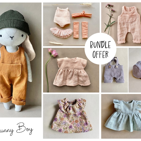 Bunny With Complete Wardrobe Bundle Offer - Instant Download Sewing Pattern, DIY soft toy doll in organic linen or cotton.