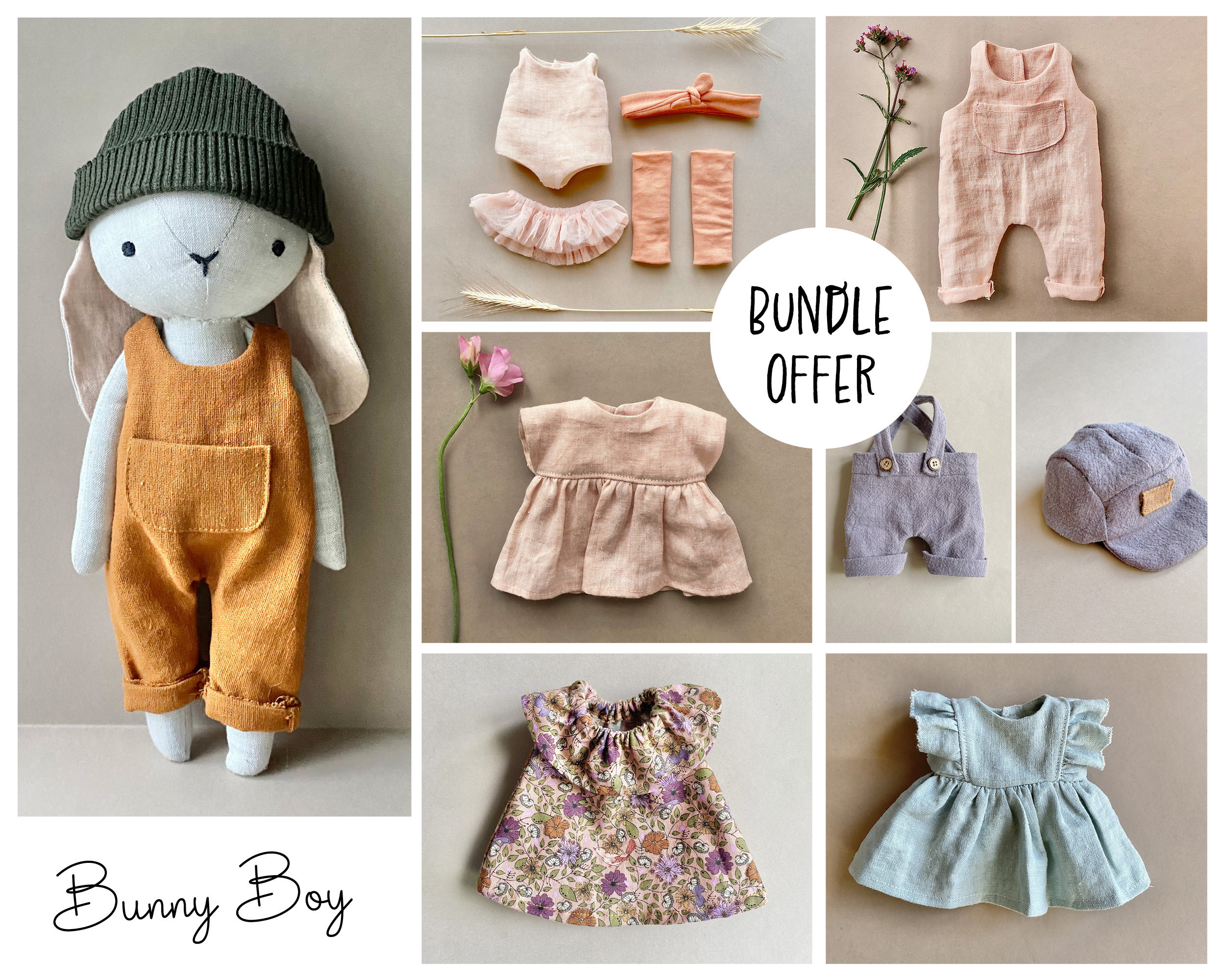 Bunny With Complete Wardrobe Bundle Offer - Instant Download Sewing Pattern, DIY soft toy doll in organic linen or cotton.
