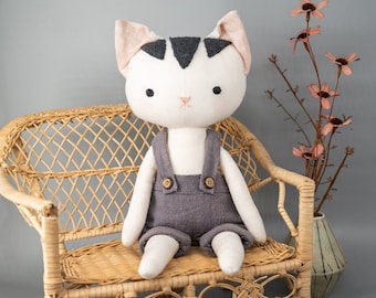 Cat with Dungarees and Bow Tie - Instant Download Sewing Pattern. DIY soft & cuddly toy. Rag doll in organic linen or cotton.