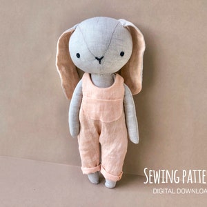 Bunny with Overalls & Beanie Instant Download Sewing Pattern, DIY soft toy doll in organic linen or cotton. image 5