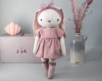 Bunny with Dress - Instant Download Sewing Pattern. DIY toy soft, cuddly rag doll in organic linen or cotton.