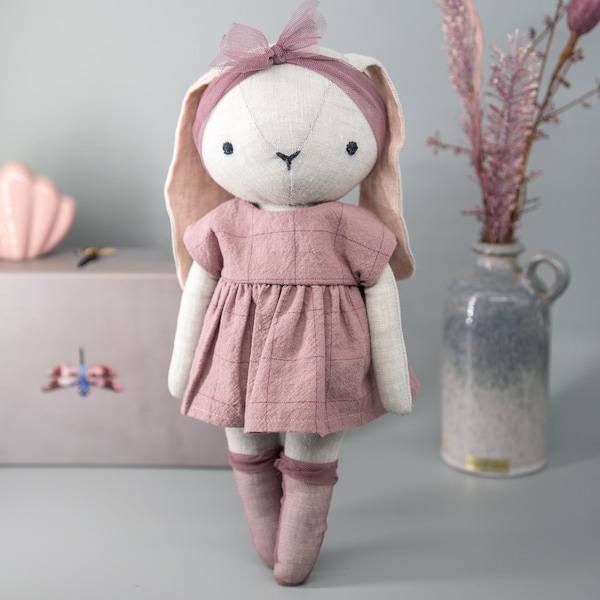 Bunny with Dress - Instant Download Sewing Pattern. DIY toy soft, cuddly rag doll in organic linen or cotton.