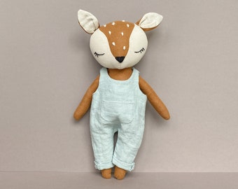 Fawn with Overalls - Instant Download Sewing Pattern, DIY soft toy doll in organic linen or cotton.