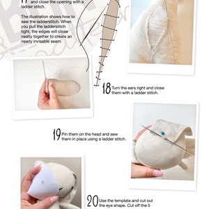 Pode incluir: Um guia passo a passo sobre como costurar um coelho de pel&uacute;cia. O guia inclui instru&ccedil;&otilde;es sobre como encher a cabe&ccedil;a e o corpo, fechar a abertura com um ponto de escada, virar as orelhas para a direita e fech&aacute;-las com um ponto de escada, prender as orelhas na cabe&ccedil;a e costur&aacute;-las no lugar usando um ponto de escada, e usar um modelo para cortar a forma do olho.