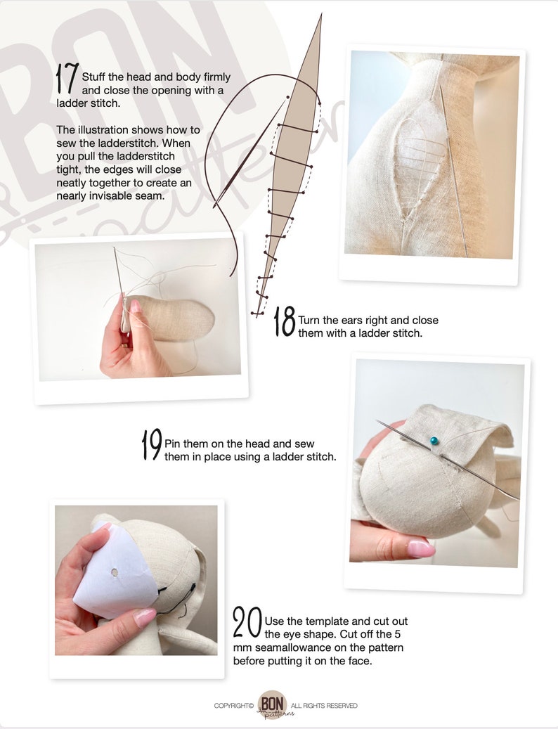 Pode incluir: Um guia passo a passo sobre como costurar um coelho de pel&uacute;cia. O guia inclui instru&ccedil;&otilde;es sobre como encher a cabe&ccedil;a e o corpo, fechar a abertura com um ponto de escada, virar as orelhas para a direita e fech&aacute;-las com um ponto de escada, prender as orelhas na cabe&ccedil;a e costur&aacute;-las no lugar usando um ponto de escada, e usar um modelo para cortar a forma do olho.