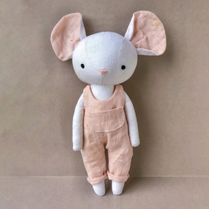 Mouse with overalls – Instant Download Sewing Pattern. DIY soft toy, cuddly rag doll in organic linen or cotton.