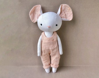 Mouse with overalls – Instant Download Sewing Pattern. DIY soft toy, cuddly rag doll in organic linen or cotton.