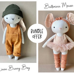 Bunny Boy and Mouse Ballerina Bundle Offer - Instant Download Sewing Pattern, DIY soft toy doll in organic linen or cotton.