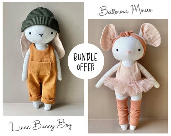 Bunny Boy and Mouse Ballerina Bundle Offer - Instant Download Sewing Pattern, DIY soft toy doll in organic linen or cotton.