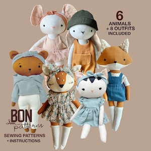 Bunny, Mouse, Fawn, Cat, Fox  and Bear Doll Sewing Pattern, Big bundle ,DIY Outfits (Instant Download)