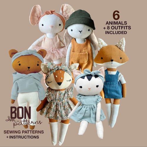 Bunny, Mouse, Fawn, Cat, Fox  and Bear Doll Sewing Pattern, Big bundle ,DIY Outfits (Instant Download)