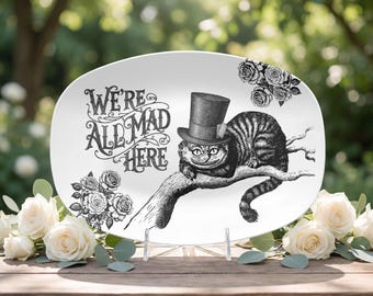 Alice in Wonderland "We're All Mad Here" Platter. Etched Art Serving Tray