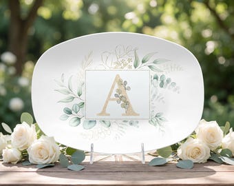 Custom Wedding Gift. Gold and green platter with couples last name initial