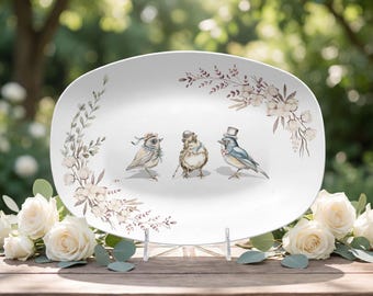 Oval Serving Platter with Whimsical Birds and Floral Border – Outdoor Entertaining Tray