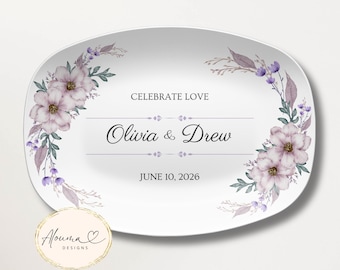 Custom Wedding Platter with Couples Names and Date: Purple Floral Design