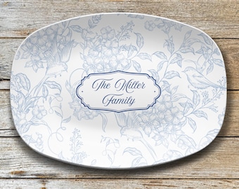 Custom Family Name Platter: Blue Floral Pattern with Personalized Name