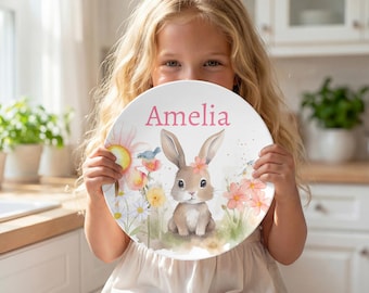 Plato de Pascua personalizado: diseño de conejito primaveral con nombre personalizado. Regalos para cestas de Pascua para niños.