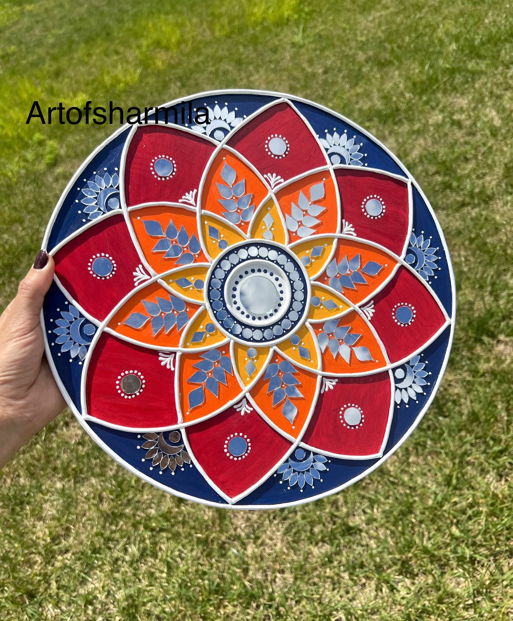 13” Mandala Lippan Art, Mud and Mirror Artwork, Flower Painting,good