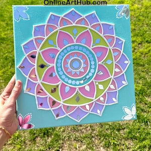 12” Mandala Lippan art, Mud and mirror artwork, flower painting,good vibes,Indian art,handmade,Lippan art,walldecor,home decor,pastel lippan
