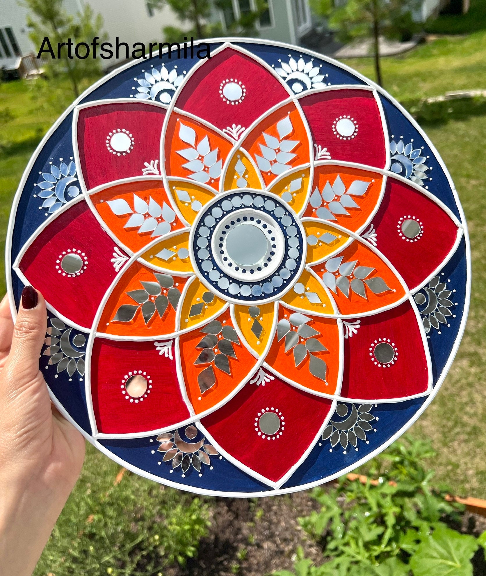 13” Mandala Lippan Art, Mud and Mirror Artwork, Flower Painting,good
