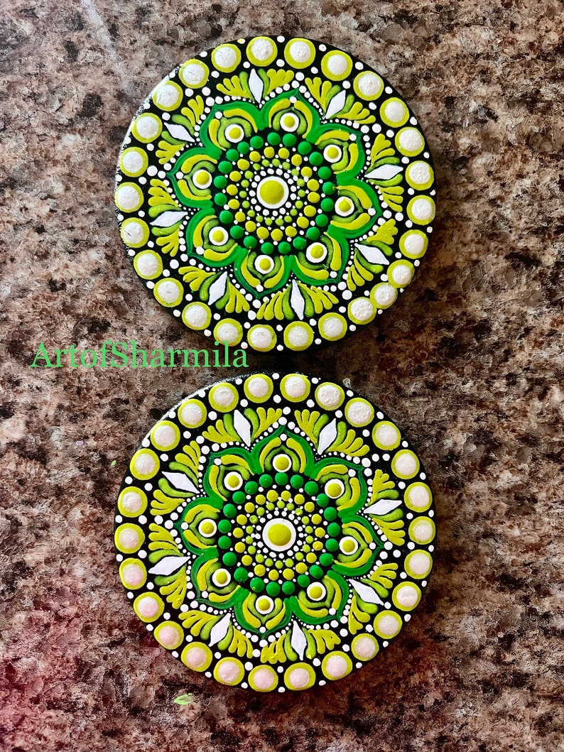 Green - Mandala Art Handpainted Wooden Coasters (Set of 6) 19