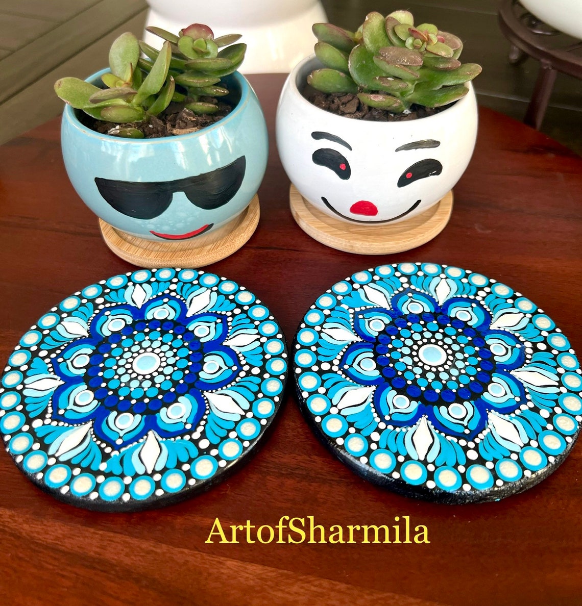 Peach - Mandala Art Handpainted Wooden Coasters (Set of 6) 18