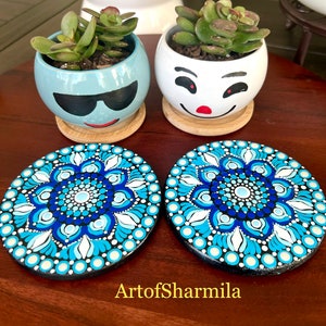 Blue - Handpainted Mandala Art Wooden Coasters (Set of 6) 13