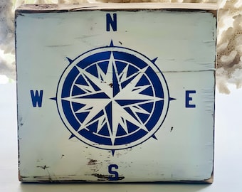 Nautical decor, Compass rose, wood block, shelf sitter, coastal decor, yachting
