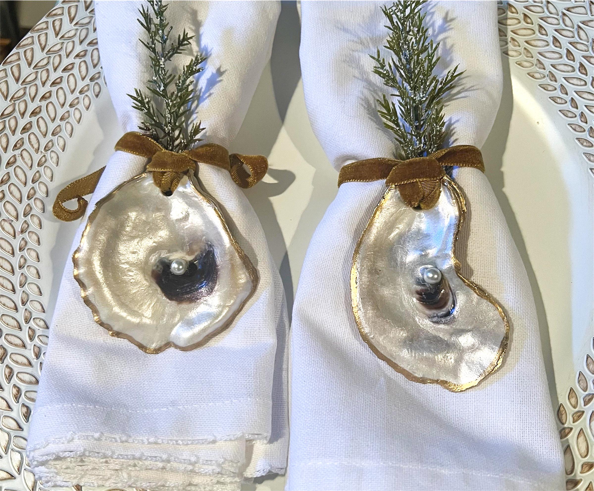 Oyster shell napkin rings set of 4. Natural shell napkin ring set
