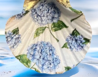 Decoupage Sint-jakobsschelp, Hortensia, Nantucket Sint-jakobsschelpen, Op maat, Schelp, Decoratief decor, Kustdecor, Snuisterijschotel, Ringschotel,