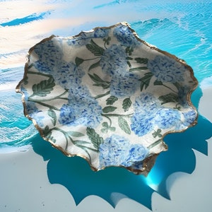 Hortensja, duża muszla ostrygi decoupage, muszla hortensji, projekt nadmorski