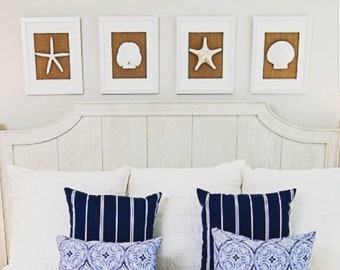 Framed Seashell Wall Art, Burlap Beach Decor, Set of 4