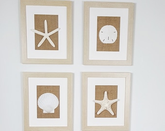 Framed Seashell Art, Burlap Beach Decor, Set of 4