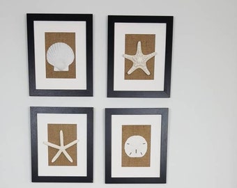 Framed Seashell Art, Burlap Beach Decor, Set of 4