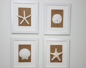 Framed Seashell Art, Burlap Beach Decor, Set of 4