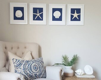 Framed Seashell Wall Art Set, Navy Burlap, Coastal Decor