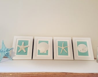 Framed Seashell Wall Art, Turquoise Beach Decor, Set of 4