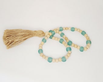 Sea Glass Garland, Coastal Wood Bead Garland with Jute Tassel