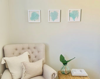 Sea Foam Sea Fan Shadowbox Set, White Frame, Coastal Decor
