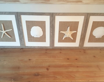 Framed Seashell Art, 4 Piece Set, Coastal Burlap Decor